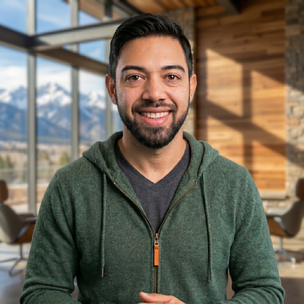 Leo Walker, AI engineer, in front of Colorado mountains